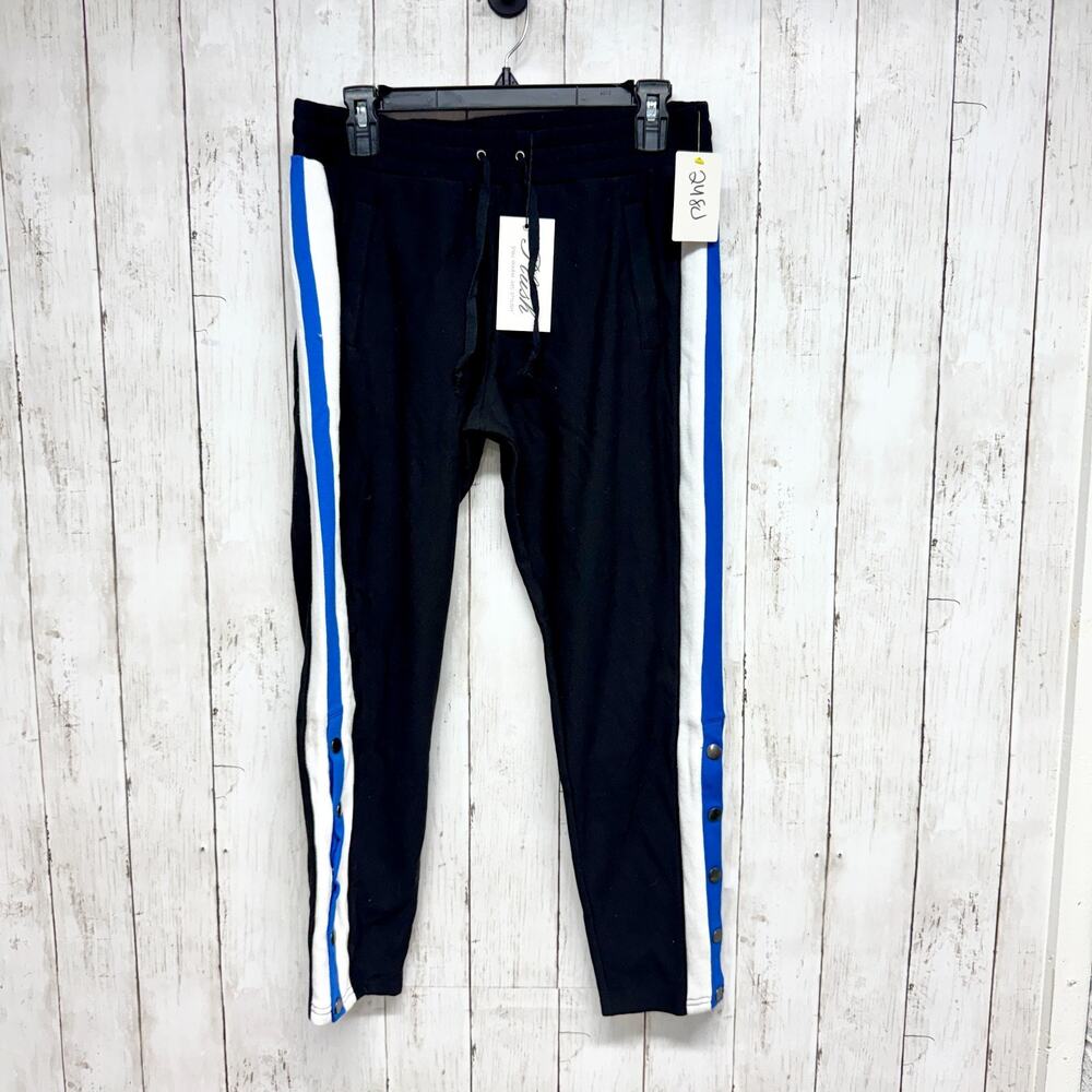 New Plush Pants Women Size Medium Navy Slim Snap Sides Joggers Drawstring Casual